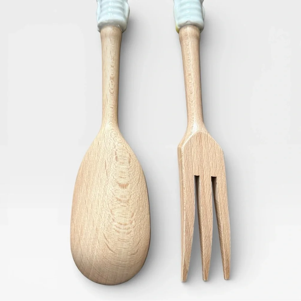 Orvieto Hand-Painted Red Chili Design Ceramic & Wood Salad Serving Fork & Spoon